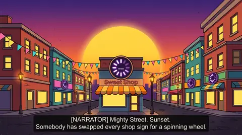 Mighty Street at sunset under bunting, with a purple spinning wheel where the Sweet Shop's sign should be.