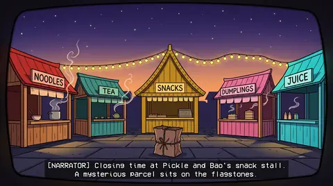 A night market square with noodle, tea, snacks, dumpling and juice stalls under fairy lights.