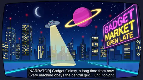 A neon sign reading Gadget Market, Open Late, over a glowing city with a ringed pink planet and a flying saucer.