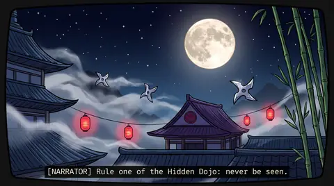 A hidden dojo under a full moon among bamboo and mist, with red lanterns and shuriken floating by.