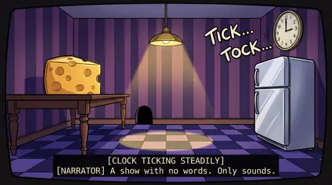 A purple striped room with a big wedge of cheese on a table, a refrigerator, a mouse hole and a ticking clock.