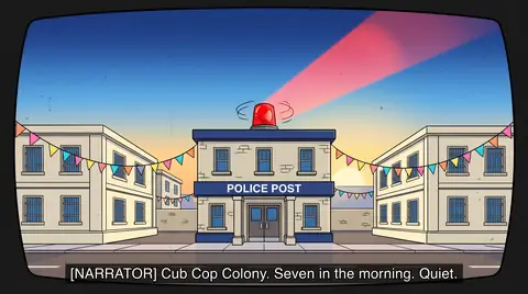 A police post with a flashing red siren at seven in the morning, bunting across a quiet street.